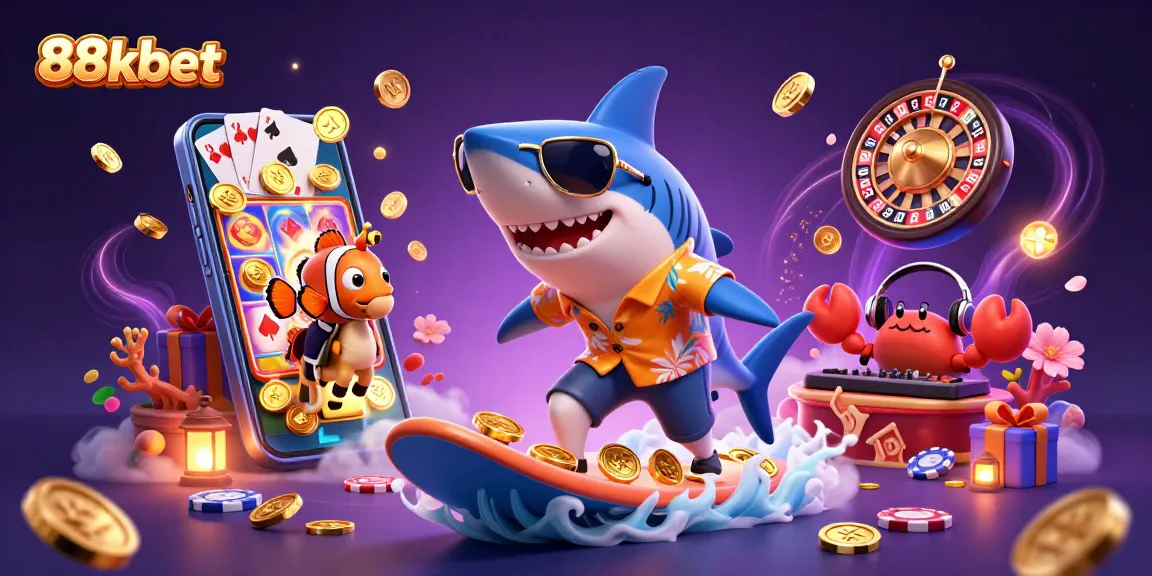 Experience the excitement of 88kbet with a vibrant 3D shark surfing on gold coins alongside lively sea creatures.