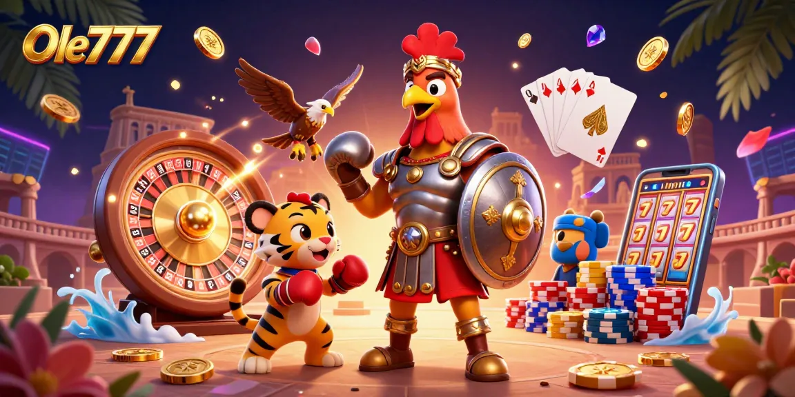 Experience excitement at Ole777 with a rooster gladiator and dynamic casino elements in this vibrant scene.