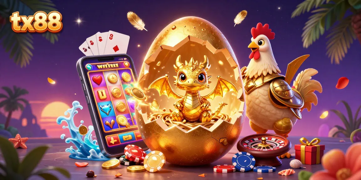 Experience the excitement of tx88 with a golden dragon and vibrant casino elements in a stunning 3D illustration.