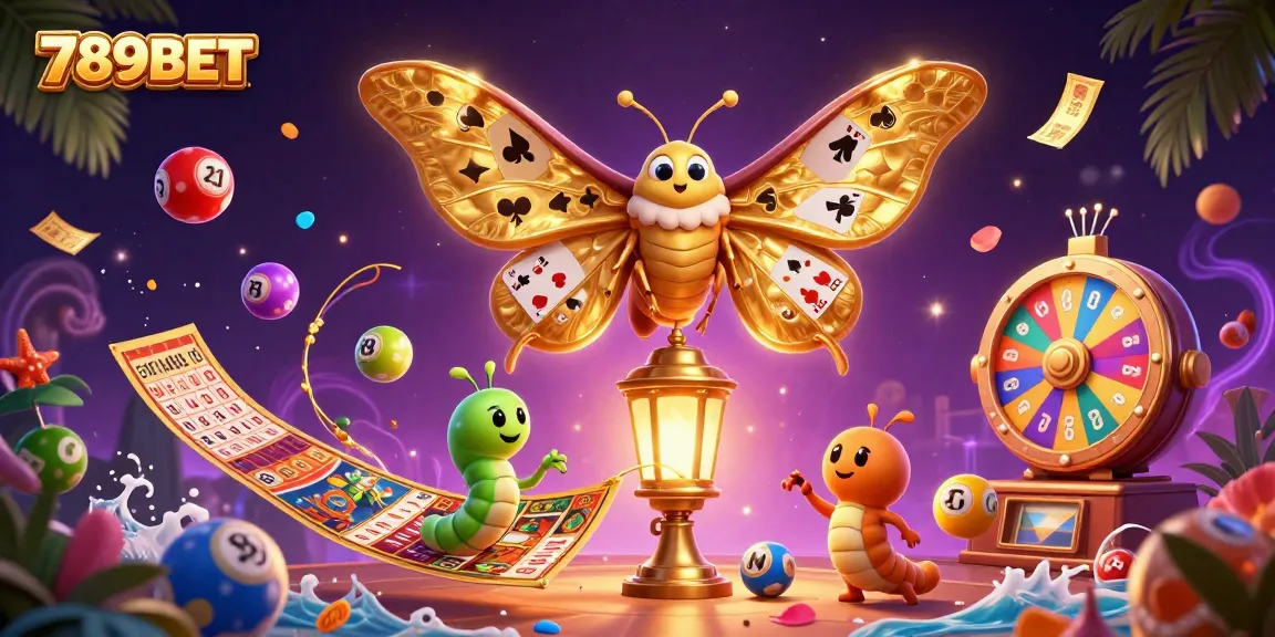 Engage with 789BET's vibrant gaming world showcasing a golden moth and dynamic lottery elements.