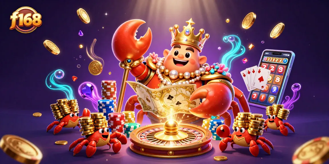 Experience the excitement of f168 with a golden crab emperor among casino treasures and vibrant gaming elements.