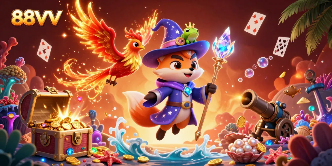 Experience thrilling wins at 88VV casino through an enchanting 3D illustration of wizards, treasures, and games.