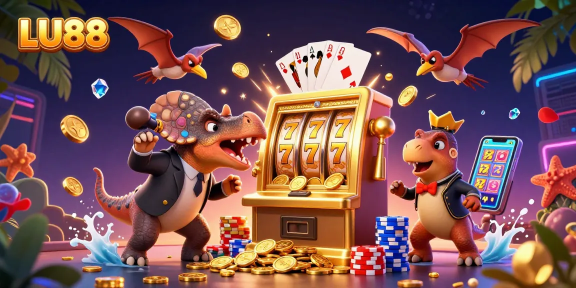 LU88 casino scene with a dinosaur winning jackpots and collecting coins.